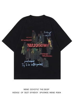 新款美式字母短袖男女春夏中性街头insT恤虚幻人像印花小众男女潮