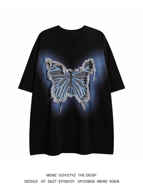 美式潮牌蝴蝶贴布设计感短袖insT恤男女宽松情侣休闲百搭半袖潮流