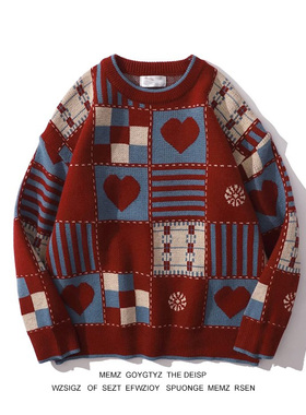 美式复古格子圣诞ins新年毛衣红色兔年秋冬季慵懒情侣针织衫外套