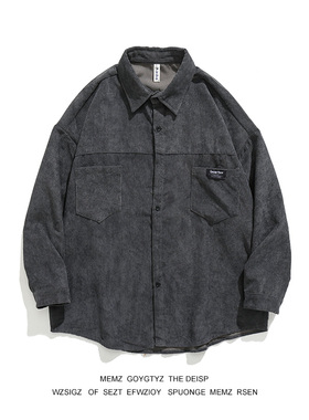 MEMZ秋季港风宽松经典方领长袖衬衫潮牌简约绣标灯芯绒纯色衬衣男