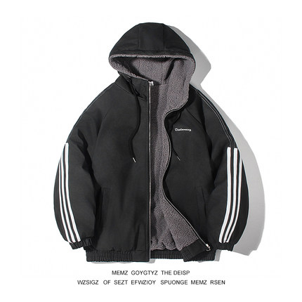 MEMZ美式三条杠连帽棉服男款冬季皮毛一体羊羔绒外套情侣复古棉袄