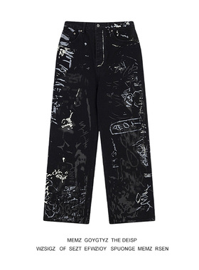 暗黑小众涂鸦彩绘牛仔裤男女宽松潮流嘻哈街头设计感直筒长裤潮