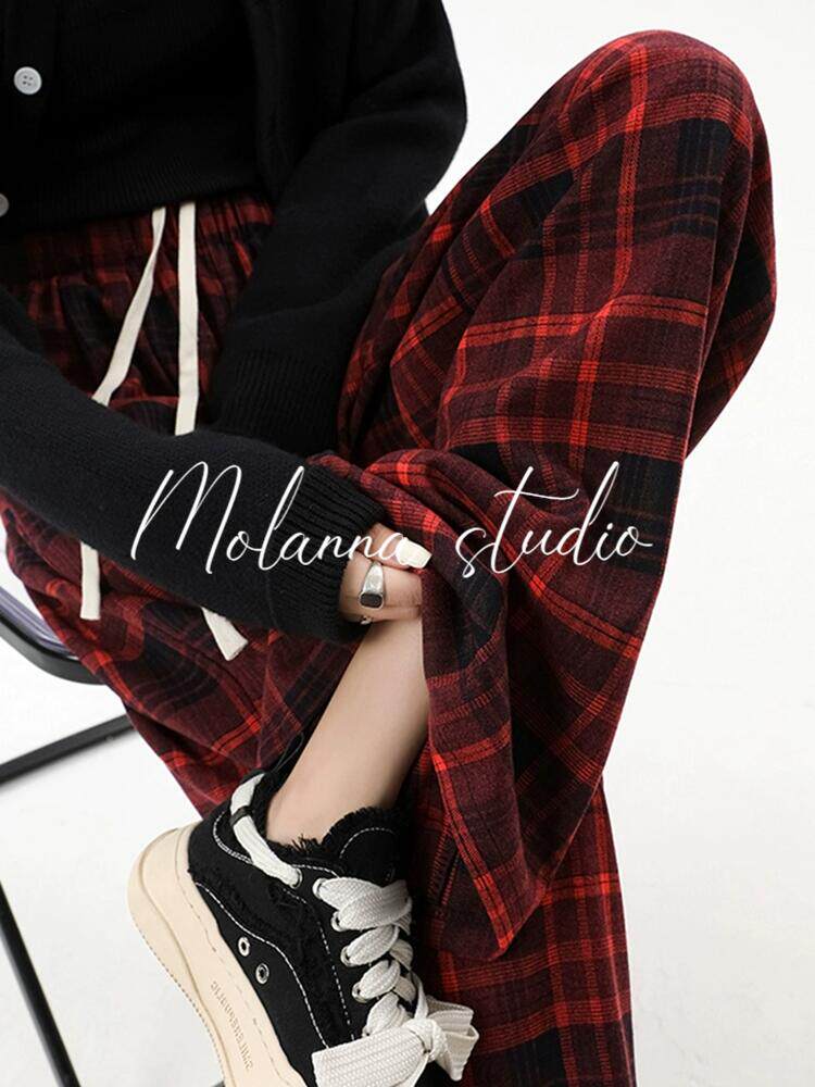 Molanna红色格子阔腿裤女春秋新款窄版高腰直筒宽松休闲百搭卫裤