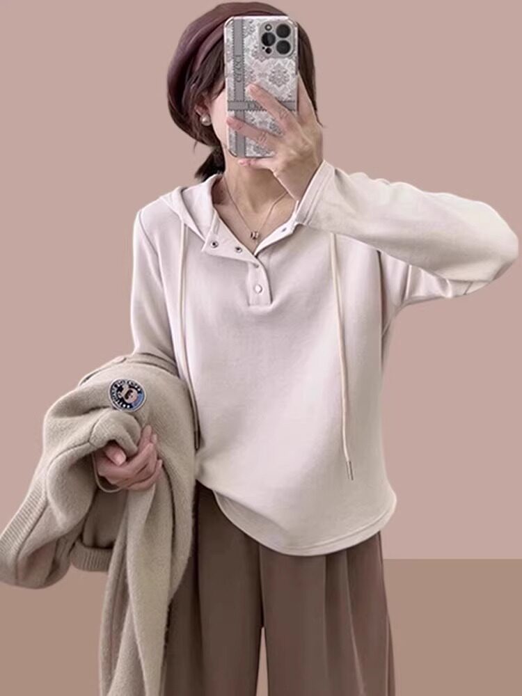 连帽长袖T恤女春秋新款时尚休闲洋气减龄女士外穿内搭打底衫上衣