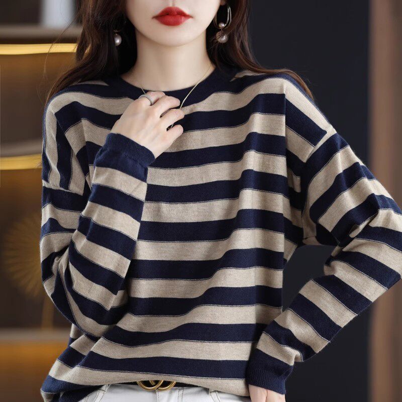 条纹针织长袖T恤女2025春秋新款时尚休闲 洋派女士圆领内搭衣上衣