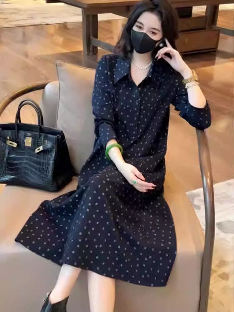 时尚翻领长袖连衣裙女春秋装新款休闲百搭女士中长款POLO领衬衫裙