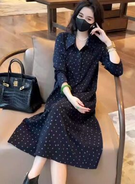 时尚翻领长袖连衣裙女春秋装新款休闲百搭女士中长款POLO领衬衫裙