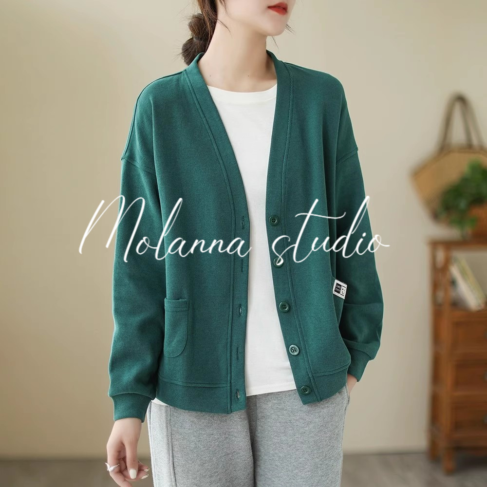 Molanna针织开衫外套女春秋装新款宽松大码纯色女士V领长袖上衣