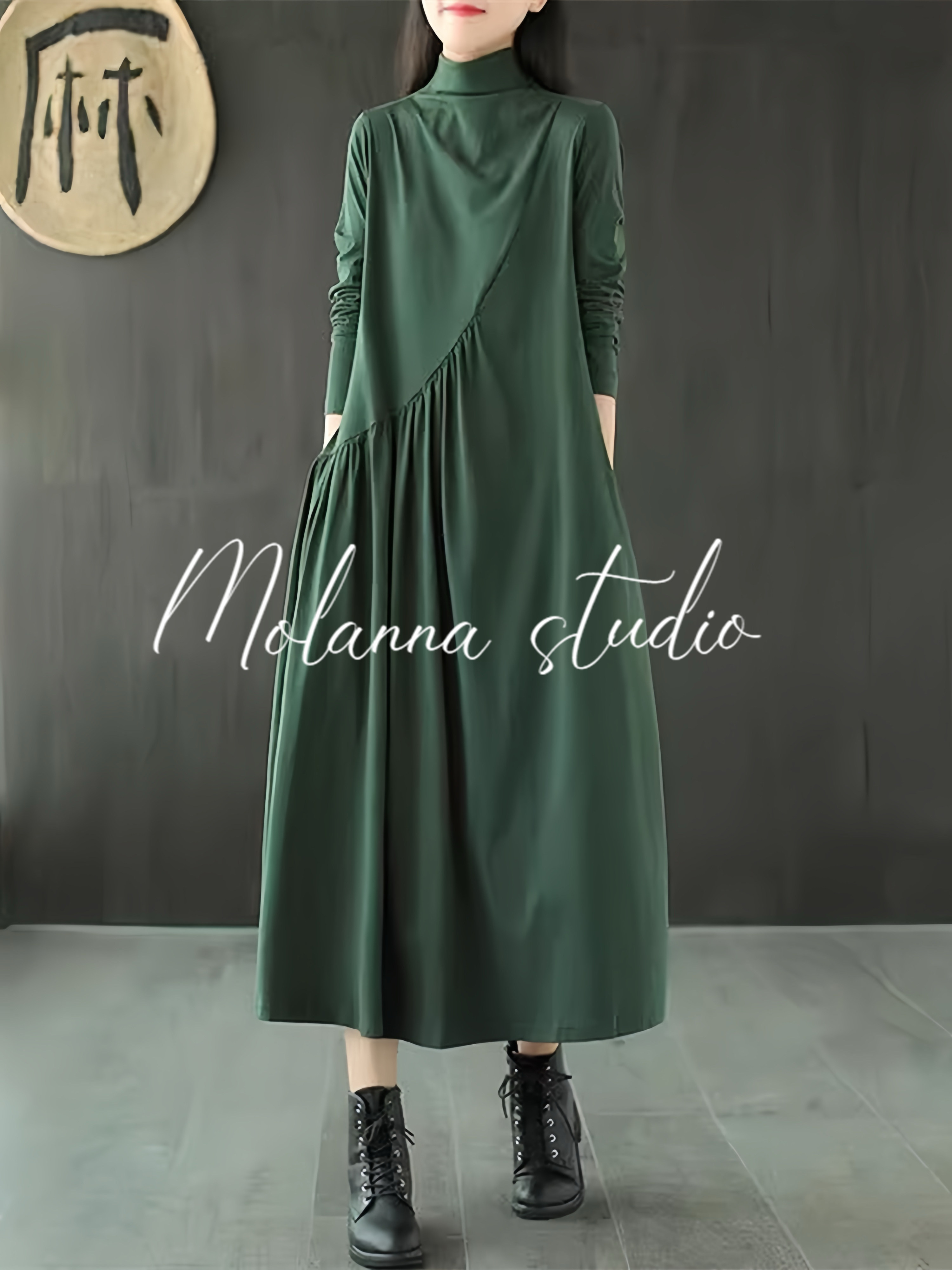 Molanna长袖连衣裙女春秋装新款宽松大码覆古大裙摆半高领长裙子