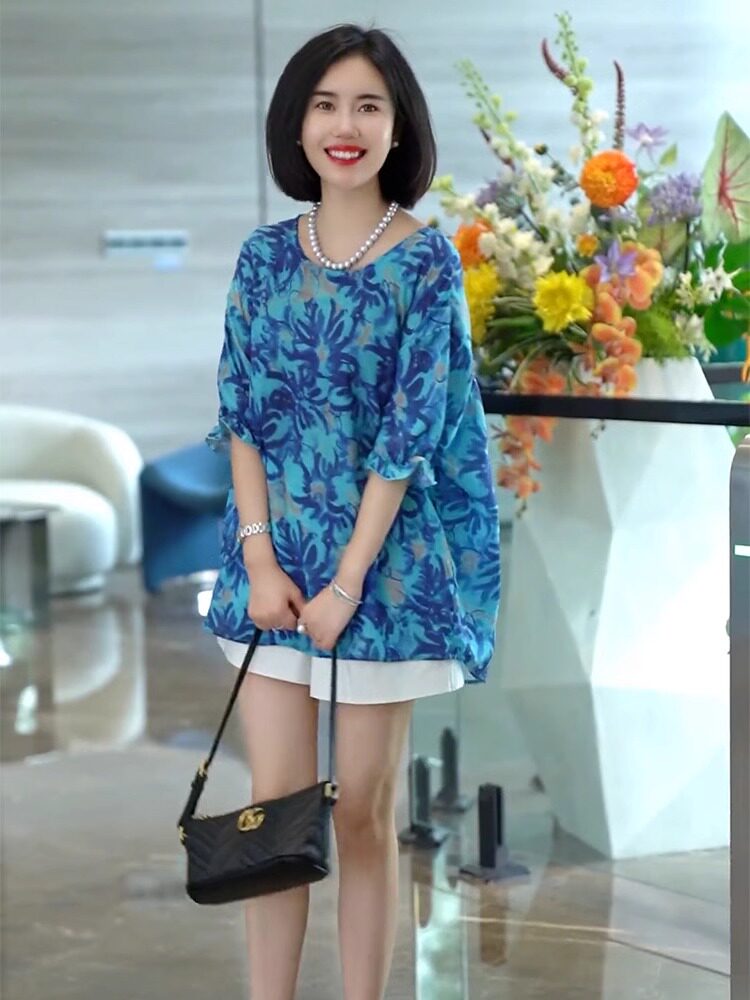 印花女式短袖衬衫夏季新时尚百搭洋风宽松休闲半袖雪纺衬衫上衣薄