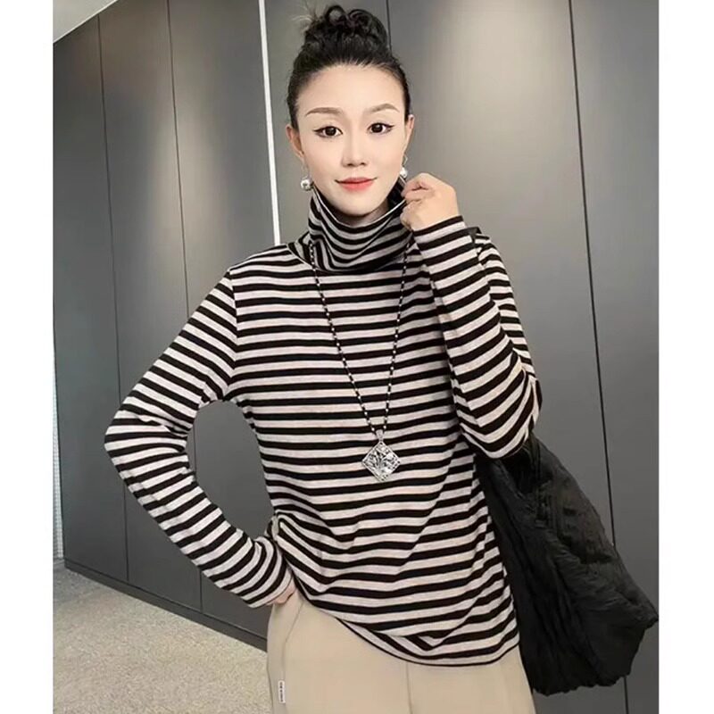 高领条纹长袖T恤女秋冬新款时尚休闲洋气减龄外穿内搭打底衫上衣