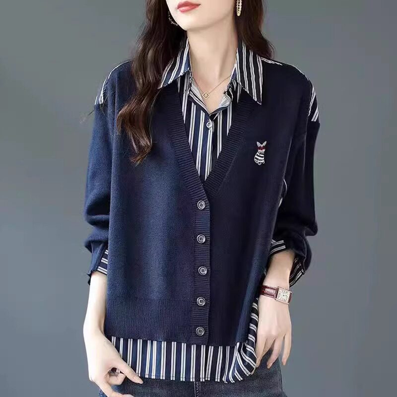 假两件翻领长袖针织衬衫女春秋装新款时尚设计感条纹拼接衬衫上衣