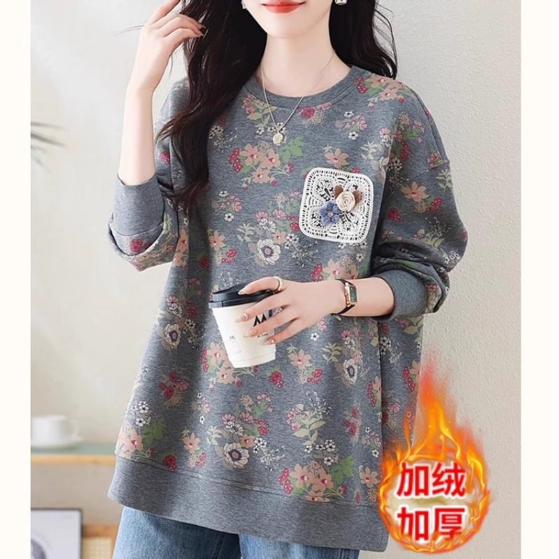 休闲圆领长袖卫衣女秋冬装新款加绒加厚复古碎花内搭外穿打底上衣