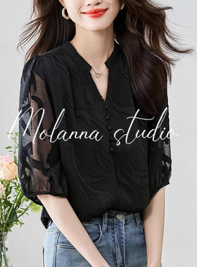 Molanna短袖雪纺衫女夏季新款蕾丝镂空设计感小众V领女士衬衣上衣