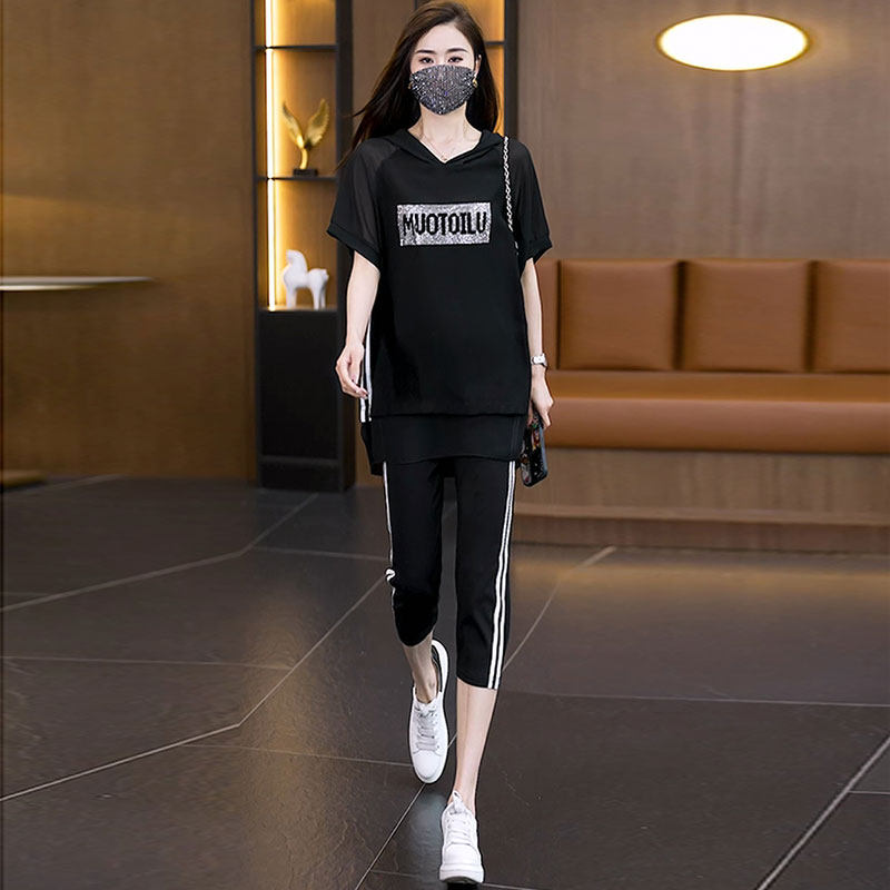 大码运动休闲套装女夏季新款胖mm宽松显瘦T恤七分裤时尚两件套潮