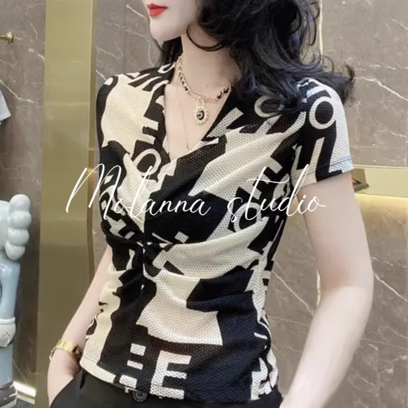 Molanna字母印花短袖T恤女夏新款设计感小众褶皱弹力网纱蕾丝小衫