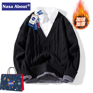 ABOUT学院风毛衣男款 加绒加厚打底衫 假两件衬衫 冬季 领针织衫 NASA