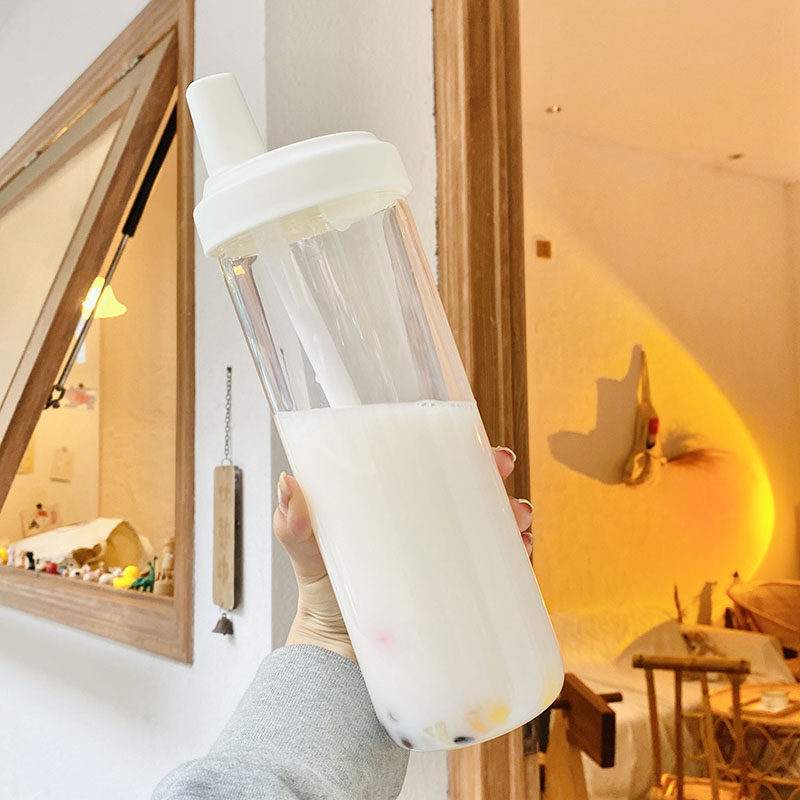 高颜值简约大容量随行吸管玻璃杯学生用便携s杯果汁奶茶杯