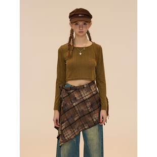 自由spirit 修身 咖色圆领短款 T恤女2024早秋薄款 上衣 长袖 RUGM