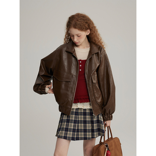 复古翻领机车夹克外套女2025春季 美式 时髦百搭PU皮衣 Name RUGM