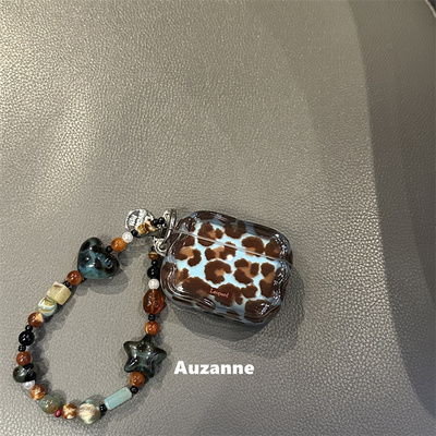 复古半透蓝棕色豹纹耳机壳保护套