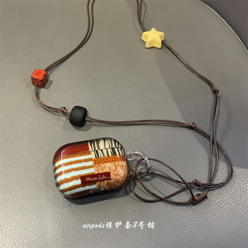 ins复古不规则拼色格纹耳机壳