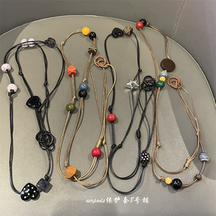 韩系ins蜡油格纹星星串珠手机壳挂绳airpods耳机壳水杯挂饰品