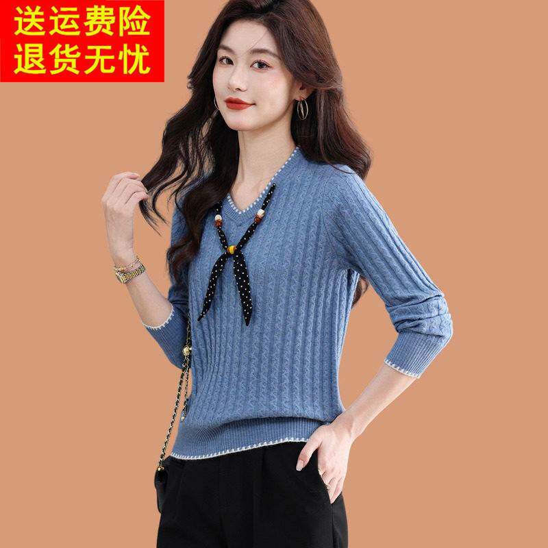 丝巾v领毛衣女秋冬2026新款洋气妈妈可外穿短款羊毛针织打底上衣