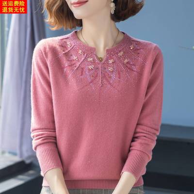 羊毛衫女100纯羊毛中年妈妈装镶钻毛衣宽松大码针织打底衫洋气