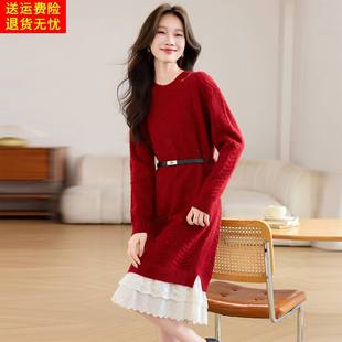 蕾丝拼接针织连衣裙2025秋冬新款 打底毛衣长裙 气质显瘦红色中长款