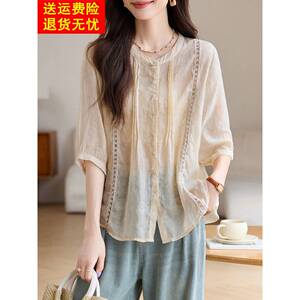 初秋宽松的三分之袖苎麻风格剪裁刺绣衬衫2025新的透气文学年龄减