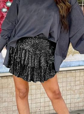 Solid color sequin short pleated skirt女式纯色亮片短款百褶裙