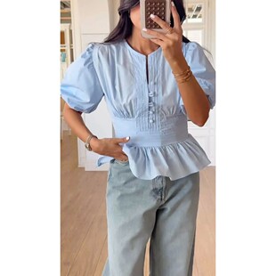 圆V领纯色修身短袖上衣 Round V-neck solid color slim fit top