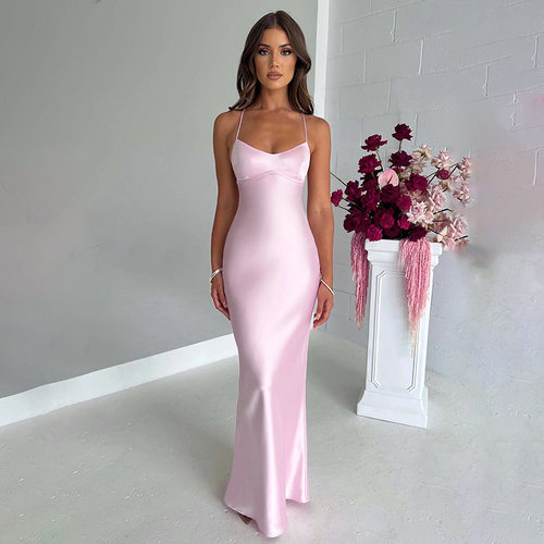 Waist tied dress with backless straps 女式露背绑带收腰连衣裙