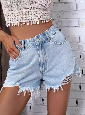 高腰毛边破洞短裤女 High waisted shorts with frayed and holes