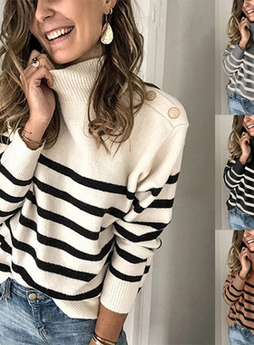 High neck pullover striped knitted sweater women