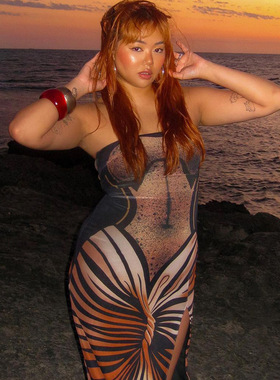 Chestless and backless 3D printed  skirt女抹胸露背3D印花长裙