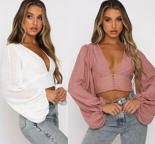 Women Blouse Lantern Sleeve Top 2021 Summer V Neck Crop Tops