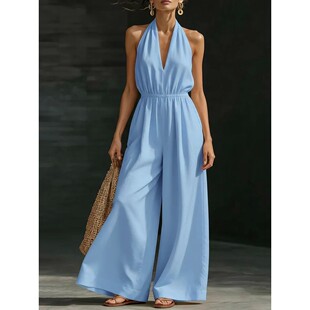 V领收腰挂脖连体裤 V-neck cinched waist hanging neck jumpsuit