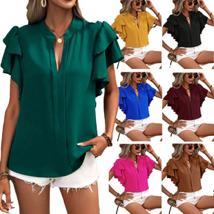 女士V领休闲纯色衬衫V-neck casual solid color shirt for women