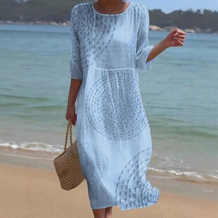 度假风蓝色印花连衣裙中袖V领收腰长裙海边轻盈感女printed dress