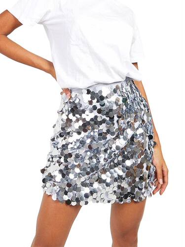 High waisted slim fitting sequin short skirt高腰修身亮片短裙