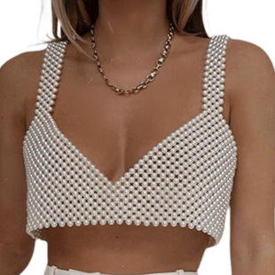 Handwoven beaded white top for women女士手工编织串珠白色上衣