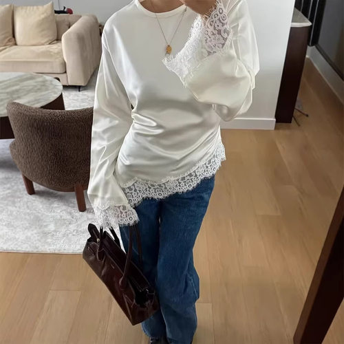 蕾丝拼接纯色宽松圆领免烫T恤