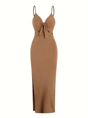 Solid color slim fitting strap dress 女式纯色修身绑带连衣裙