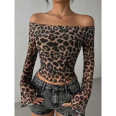 一字肩豹纹印花长袖上衣女