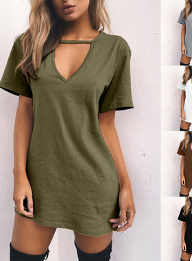 V-Neck Solid Fit Short Sleeve DressV领挂脖纯色修身镂空连衣裙