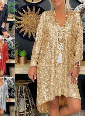 Loose solid V-neck long sleeve dress   宽松纯色V领长袖连衣裙