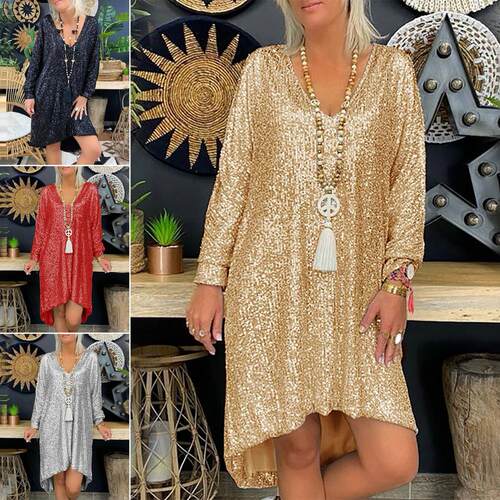 Loose solid V-neck long sleeve dress   宽松纯色V领长袖连衣裙