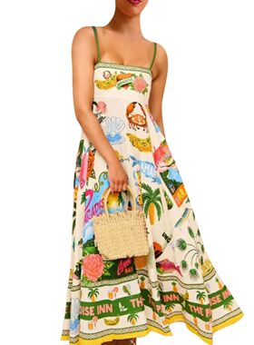 High waisted printed camisole dress 无袖高腰印花吊带连衣裙女